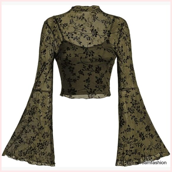Tops - Mesh Crop Top Long Bell Sleeve Floral Print Slim Fit Summer Top